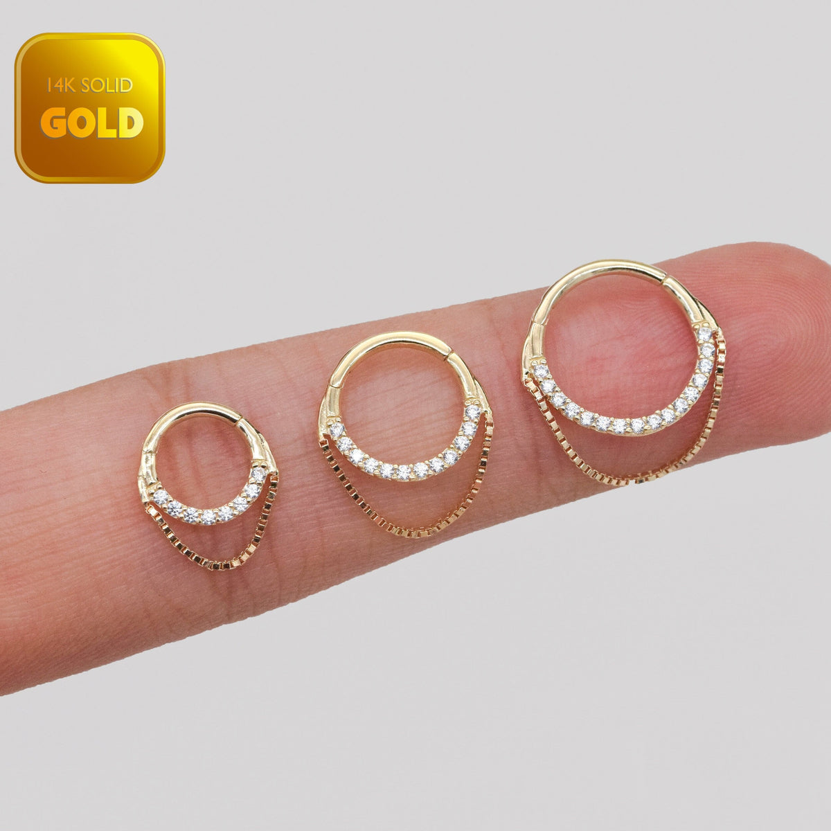 14K Solid Gold Sparkle Clicker Hoop with Dangling Box Chain