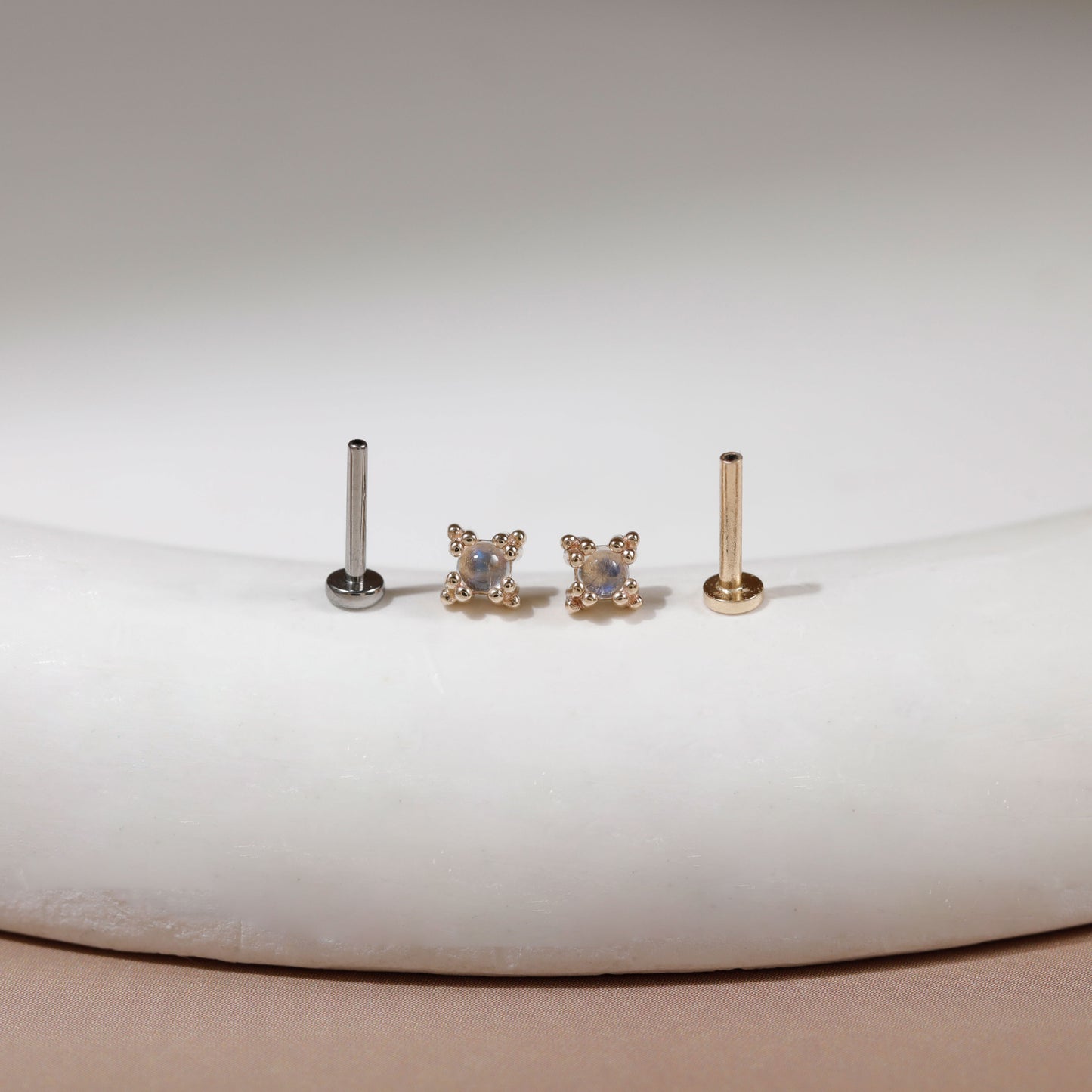 14K Solid Gold Starburst Moonstone Helix Stud