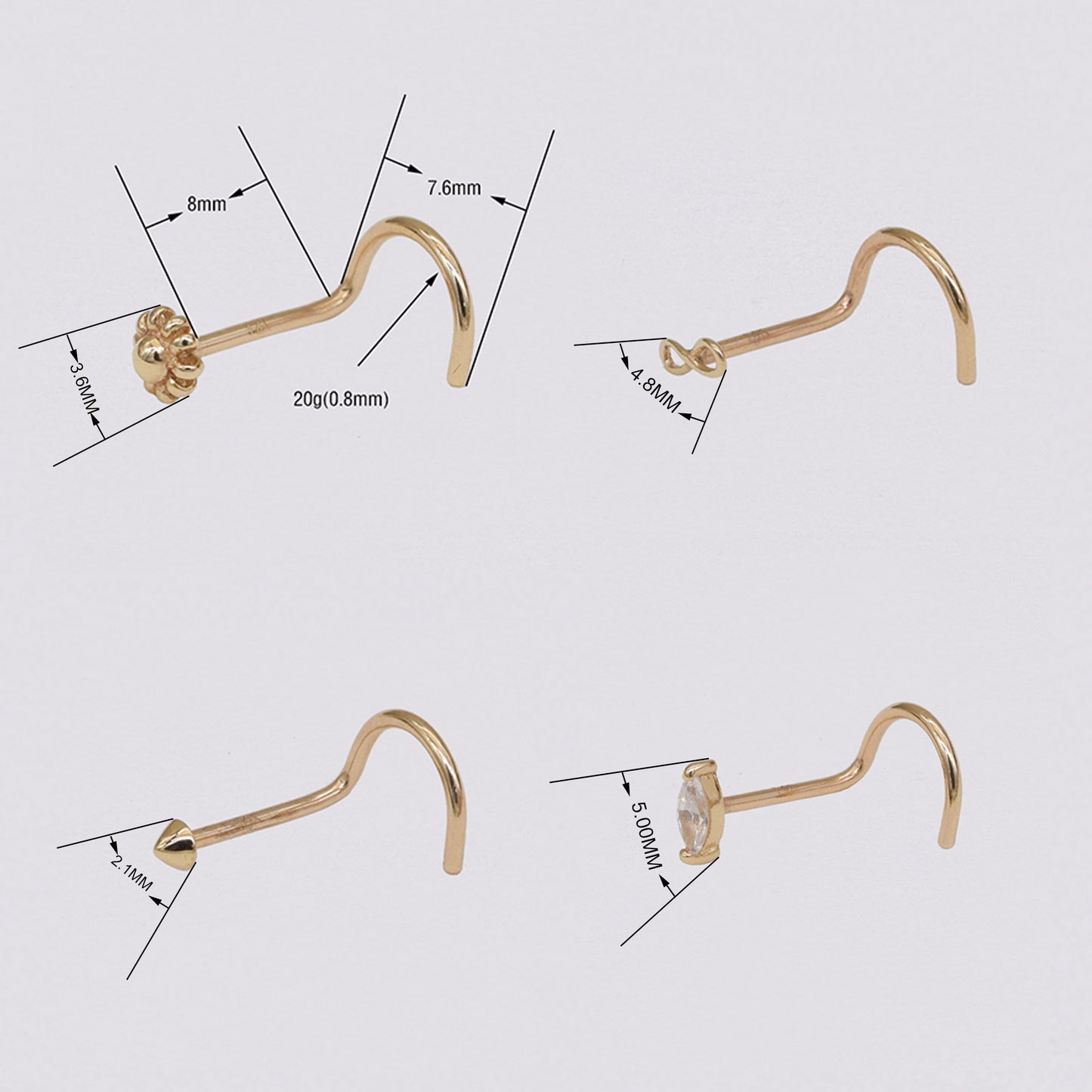 14K Solid Gold Marquise Flower Nose Stud 20G