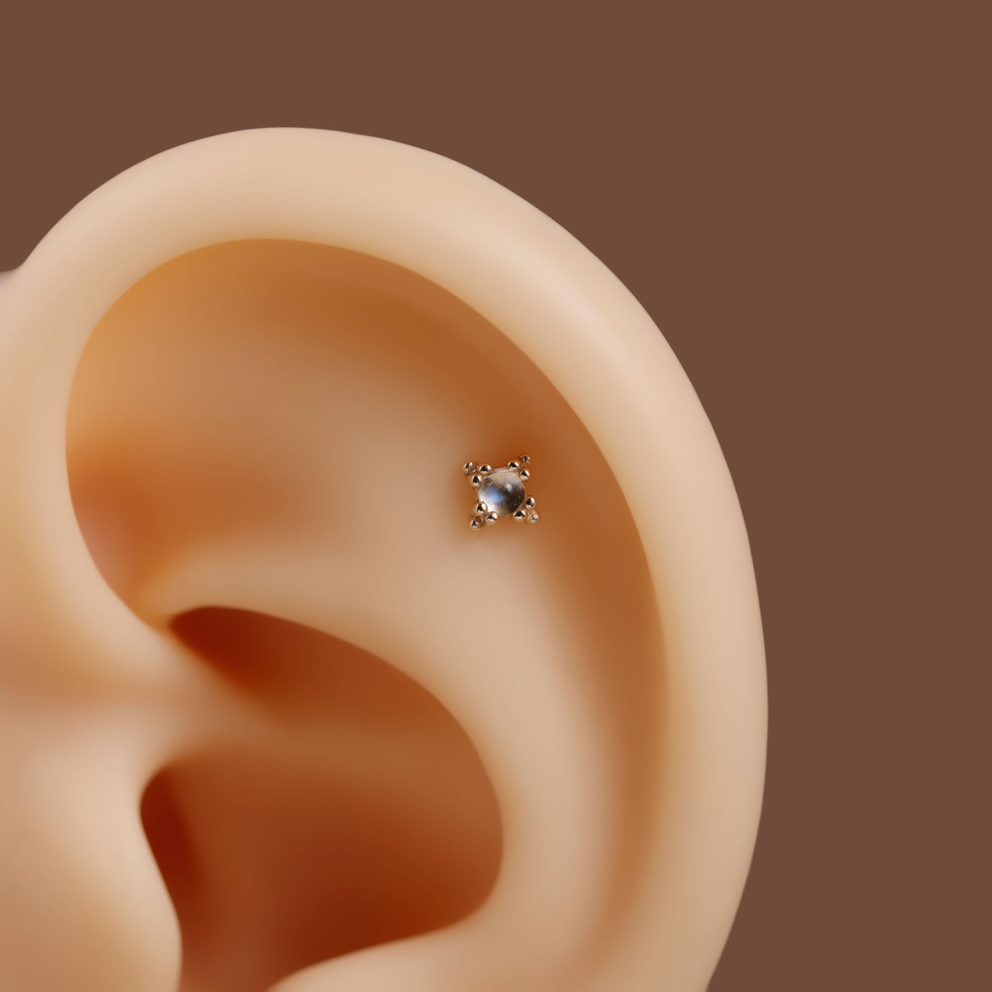 14K Solid Gold Starburst Moonstone Helix Stud