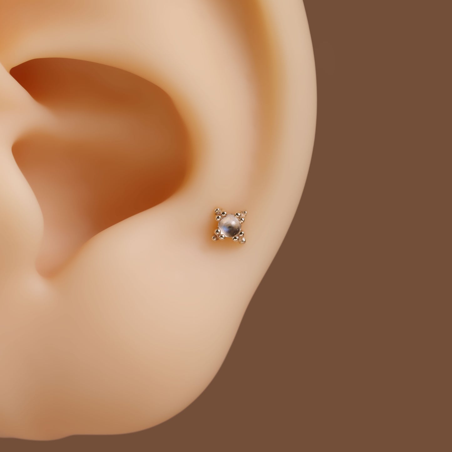 14K Solid Gold Starburst Moonstone Helix Stud
