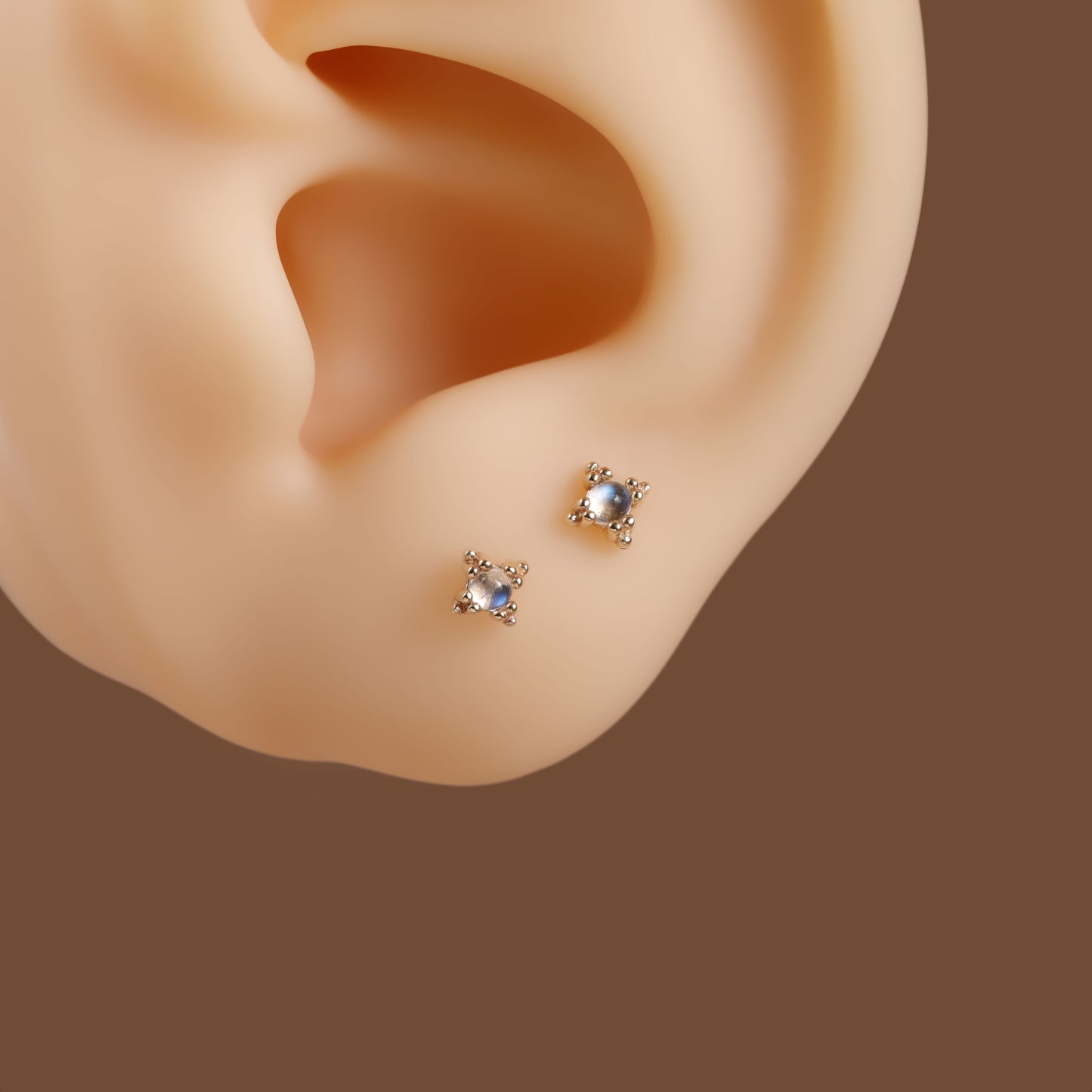 14K Solid Gold Starburst Moonstone Helix Stud
