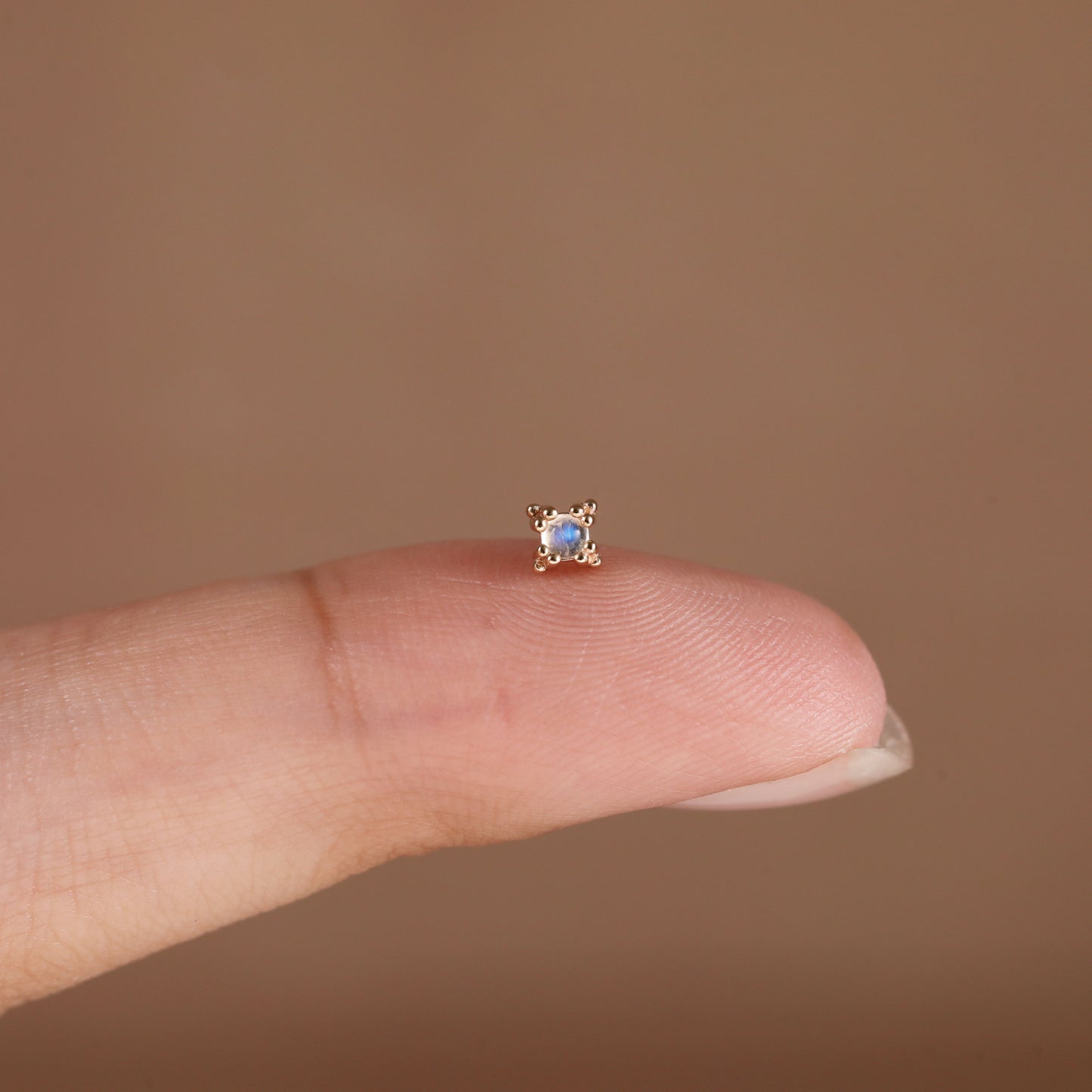 14K Solid Gold Starburst Moonstone Helix Stud