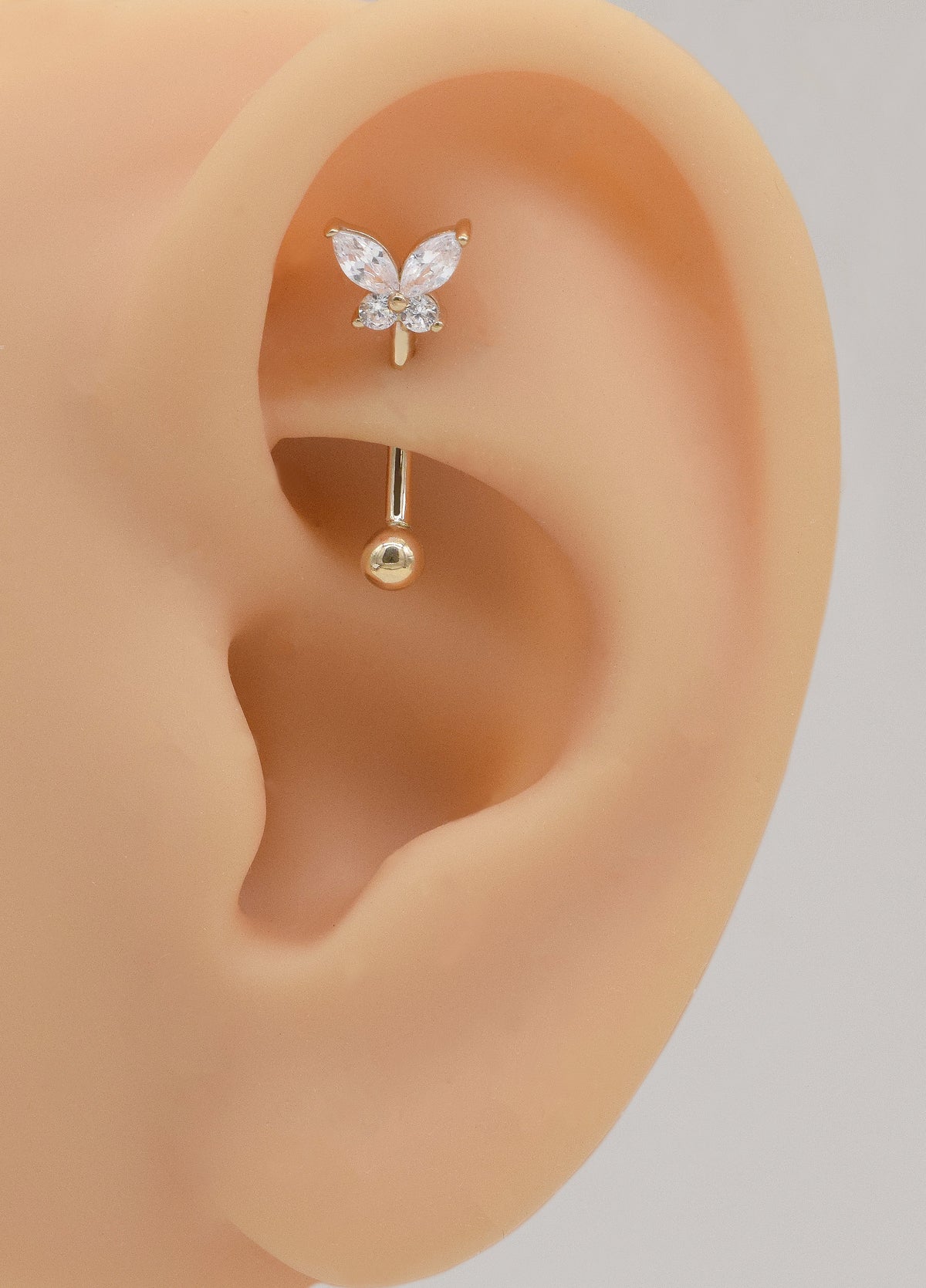 14K Solid Gold Sparkle Butterfly Curved Barbell