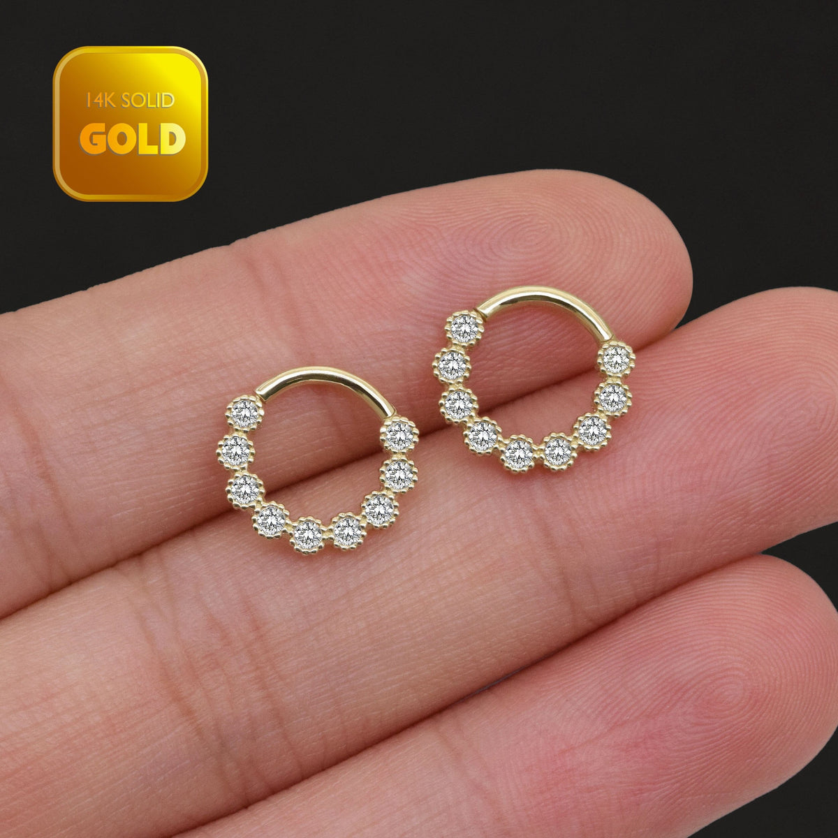 14K Solid Gold Beaded Halo Clicker Hoop