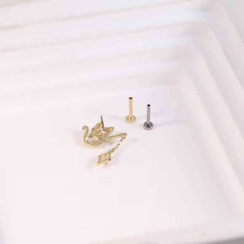 14K Gold Cat Catching Fish Stud