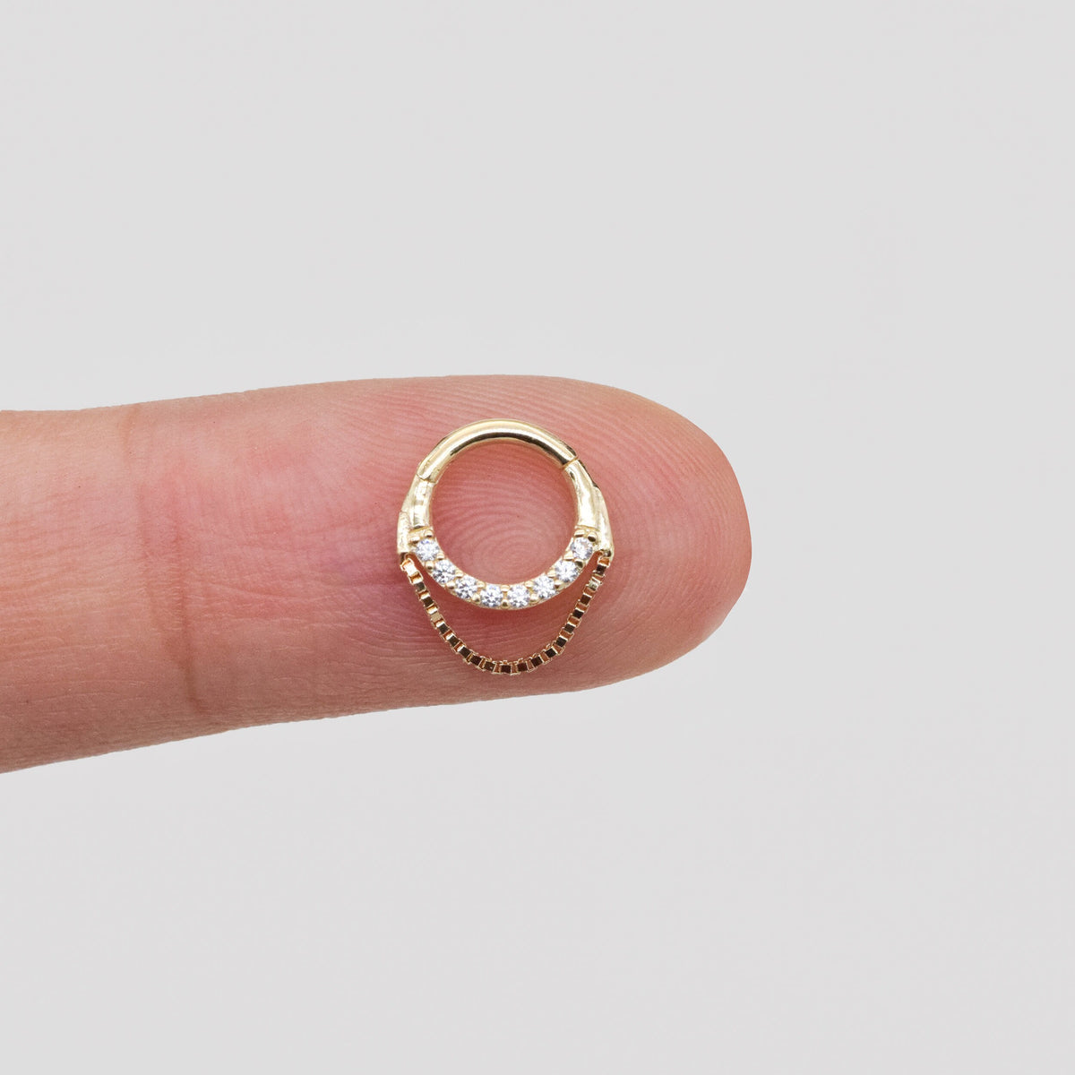 14K Solid Gold Sparkle Clicker Hoop with Dangling Box Chain