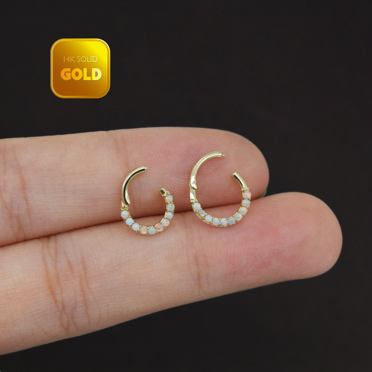 14K Solid Gold Opal Row Clicker Hoop