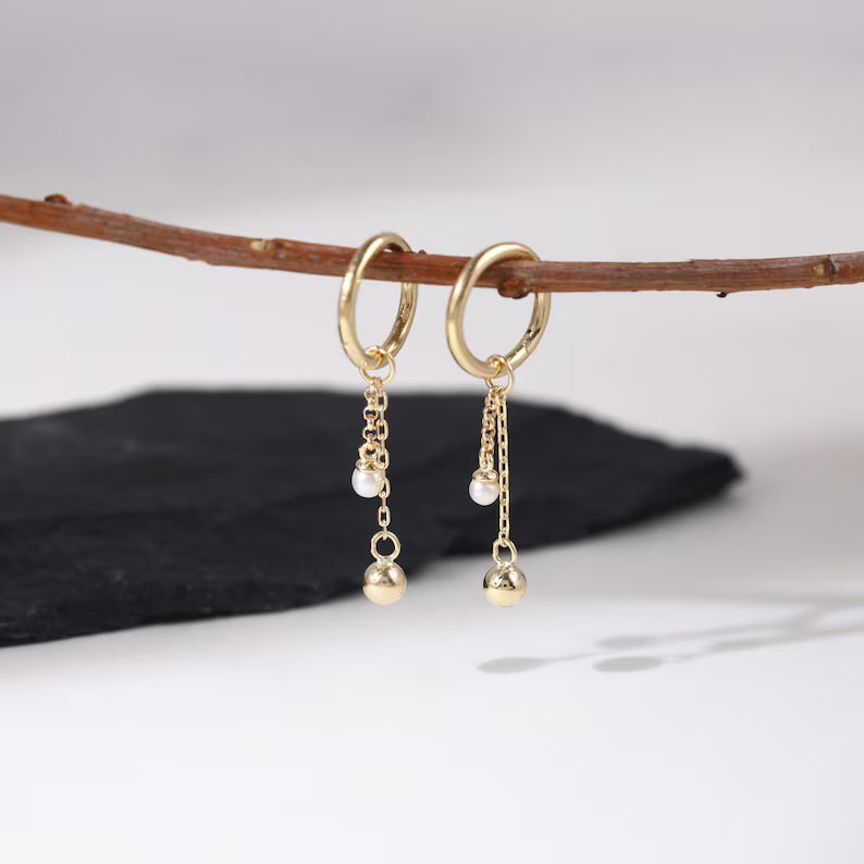 14K Gold Pearl Ball Dangle Chain Helix Earring