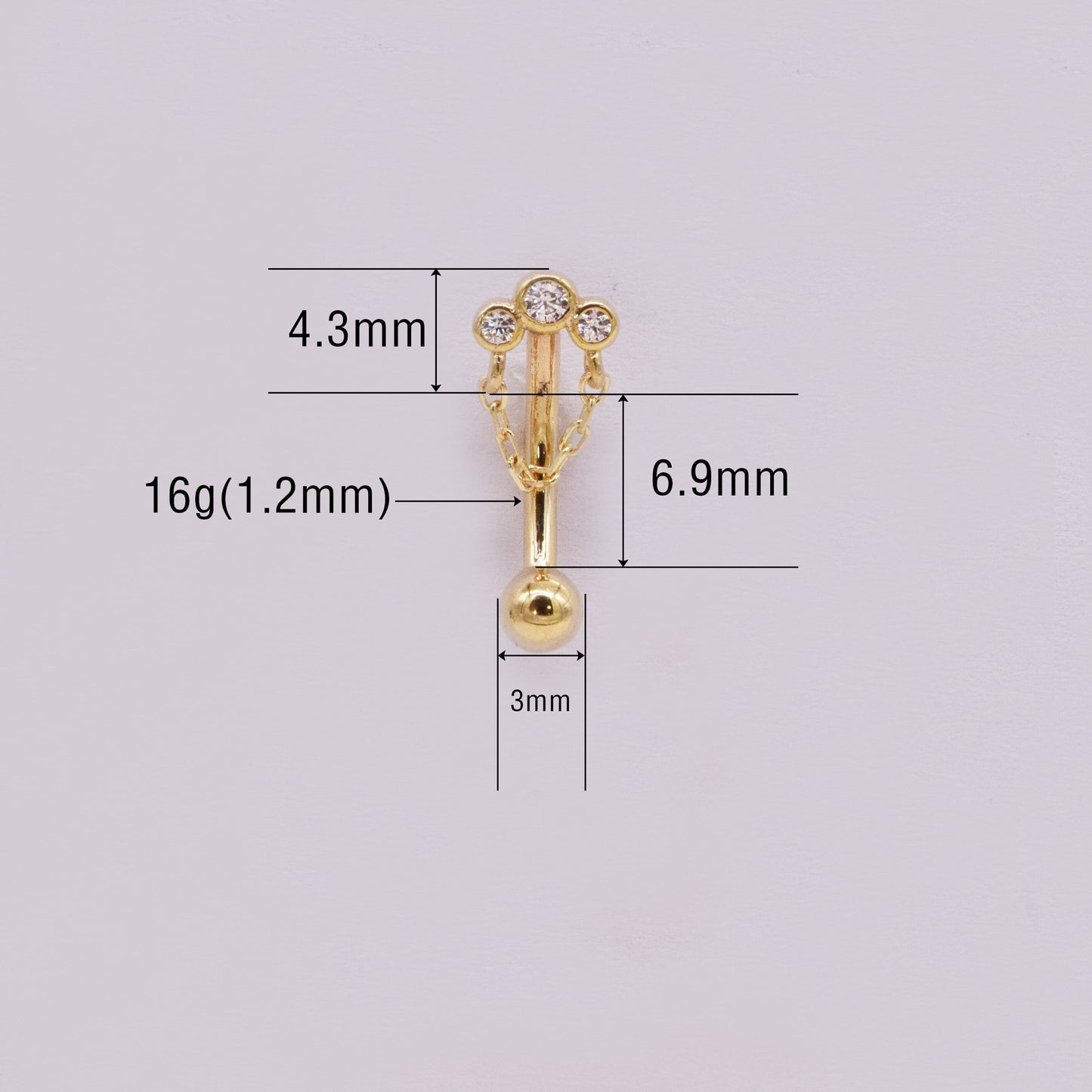 14K Solid Gold Curved Barbell with 3 Bezel CZ Rook, Daith & Eyebrow Piercing