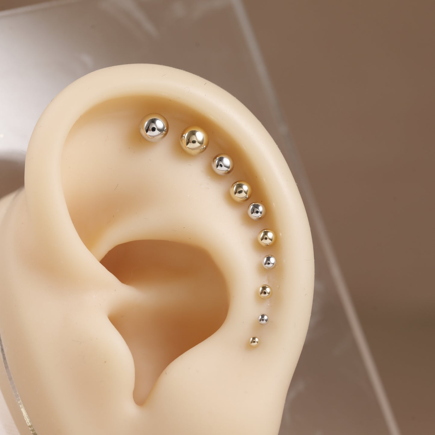A close-up of a beige ear-shaped display form holding a row of small metallic ear studs along the helix, shown against a soft beige background.
