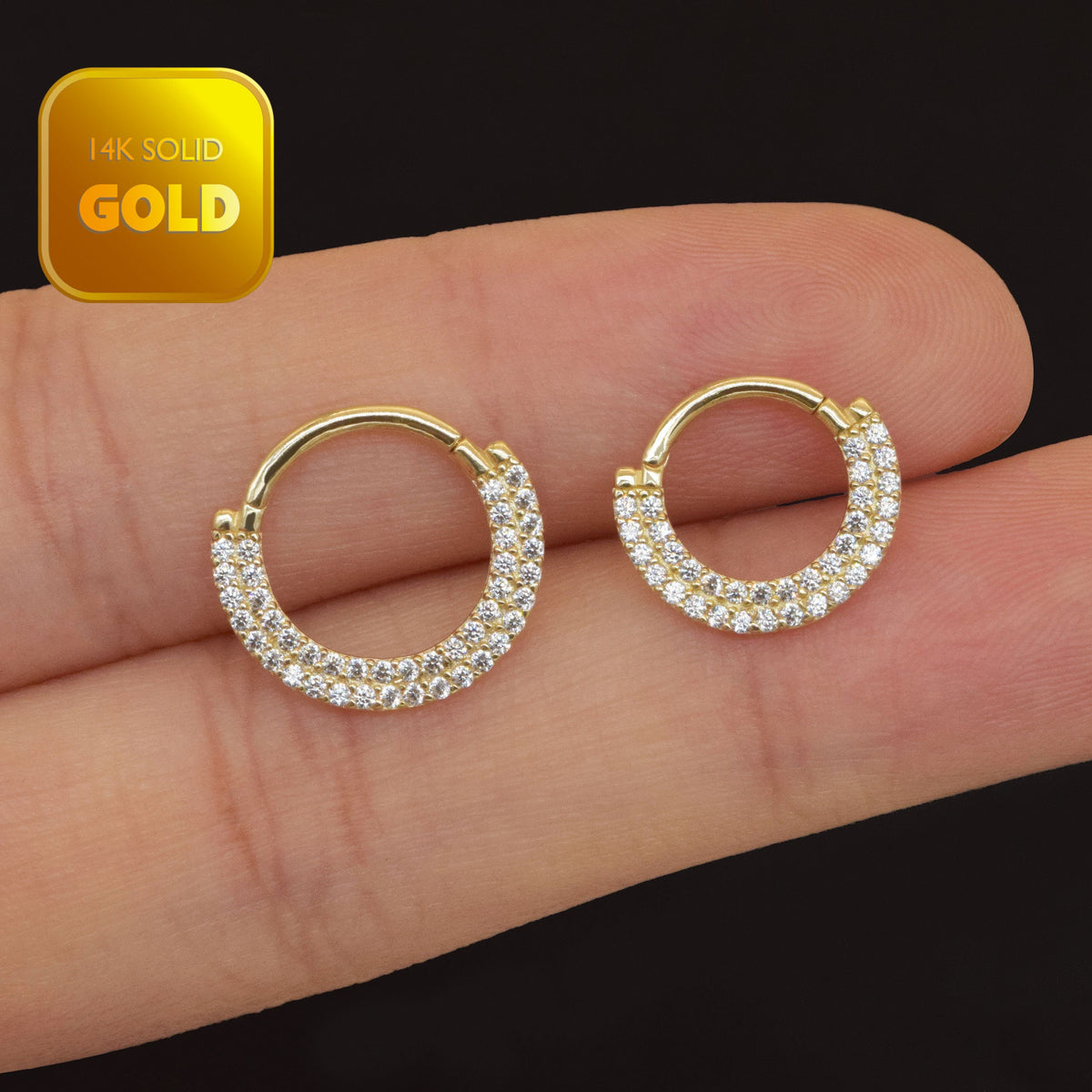 14K Solid Gold Hinged Double Row Sparkling Clicker Hoop