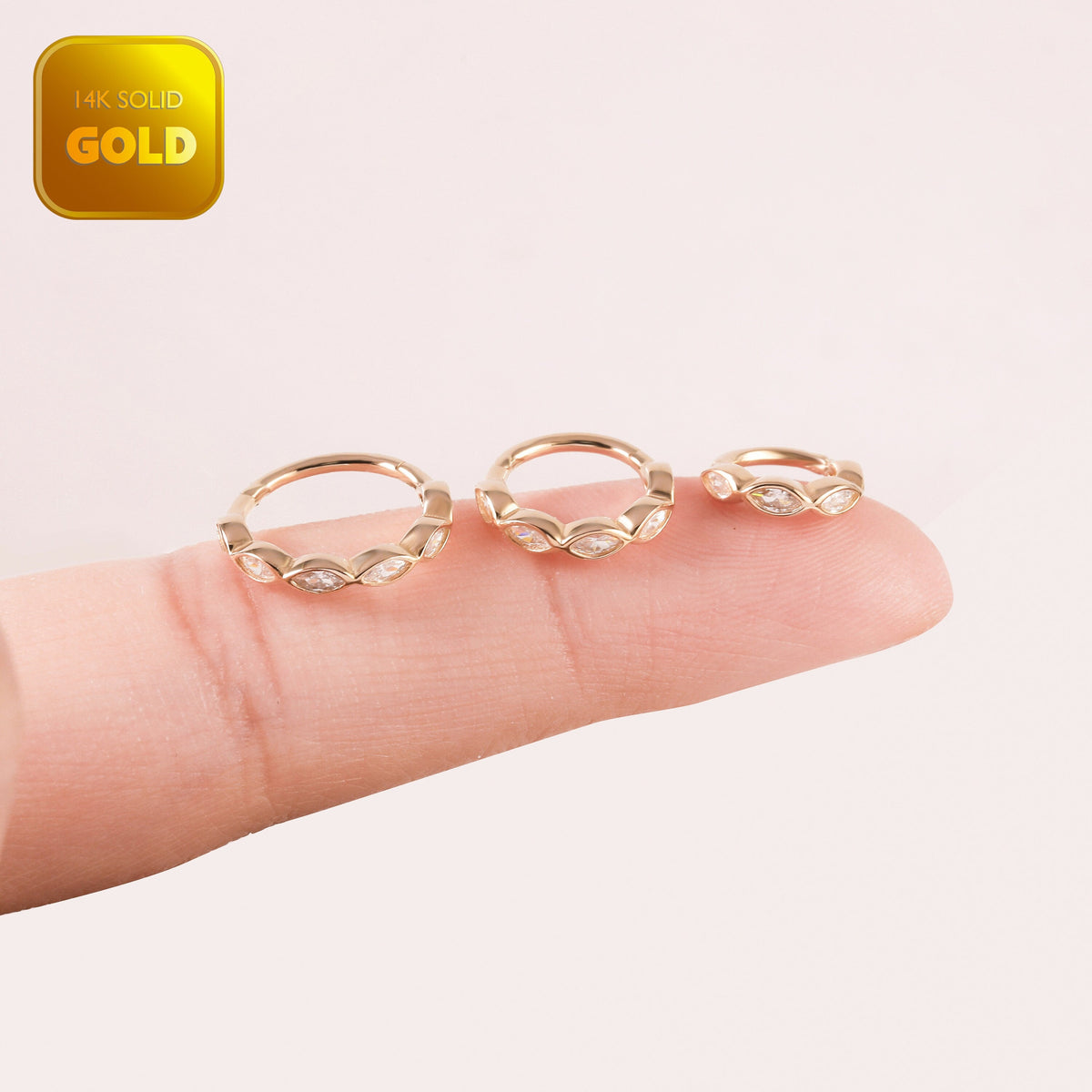 14K Solid Gold Marquise Row Clicker Hoop