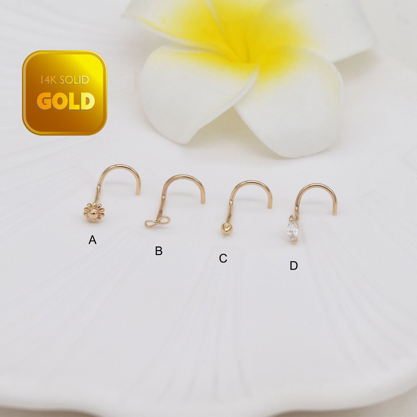 14K Solid Gold Marquise Flower Nose Stud 20G