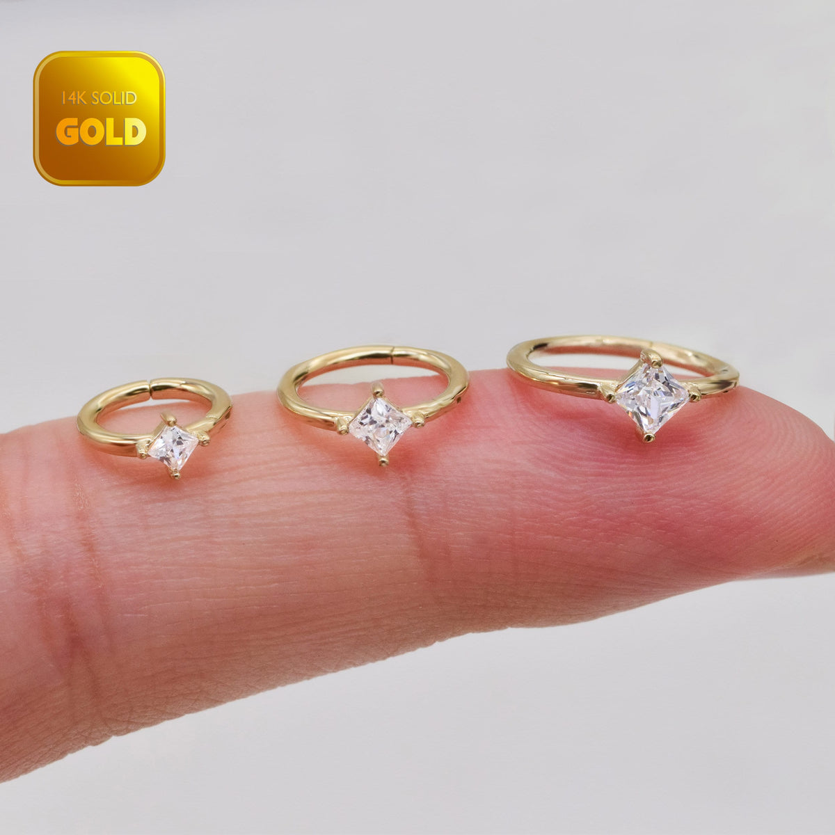 14K Solid Gold Princess-Cut Clicker Hoop
