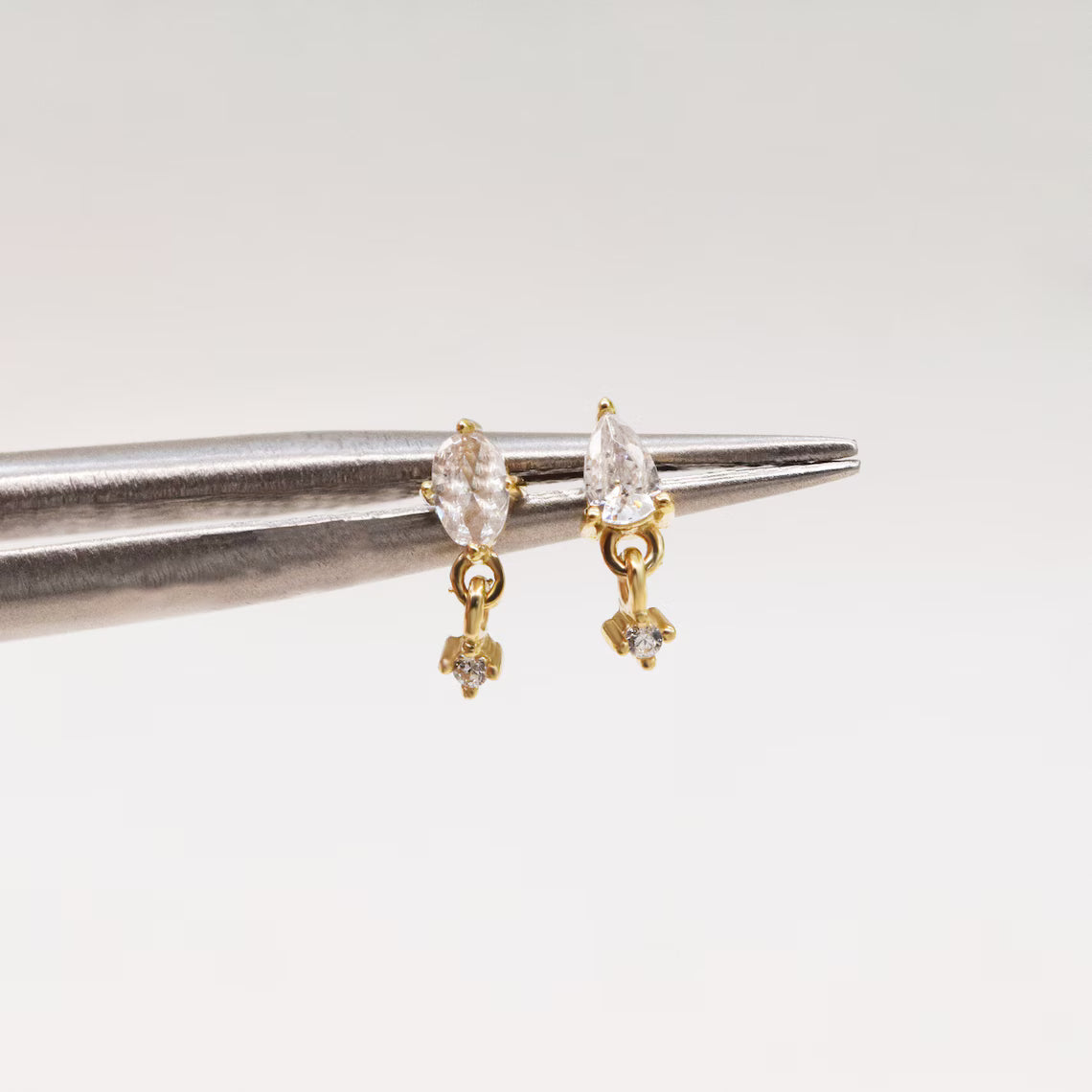 14K Solid Gold Teardrop with Dangling Stone Stud Earring