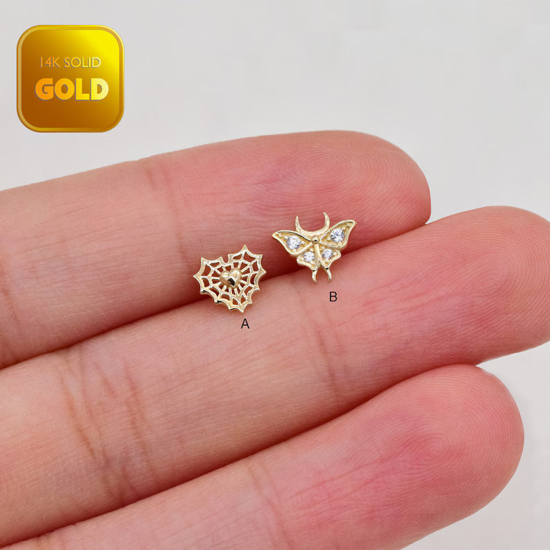 14K Solid Gold Moth & Web Mismatched Stud Earrings