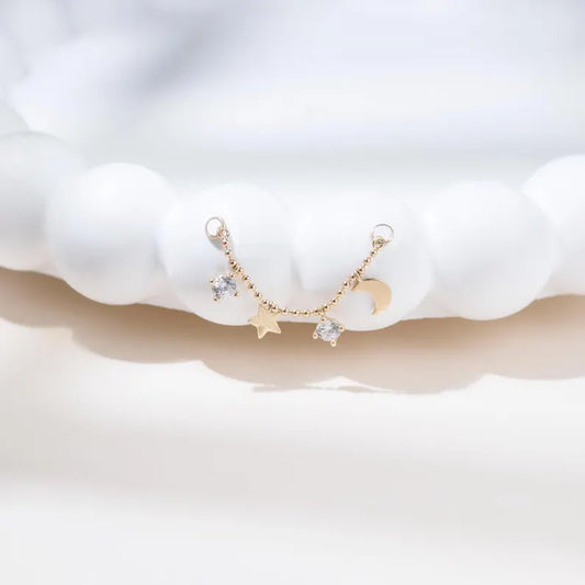 14K Solid Gold Moon & Star Chain Piercing