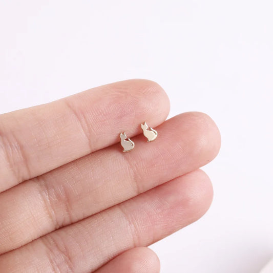 14K Solid Gold Cat Stud Earrings