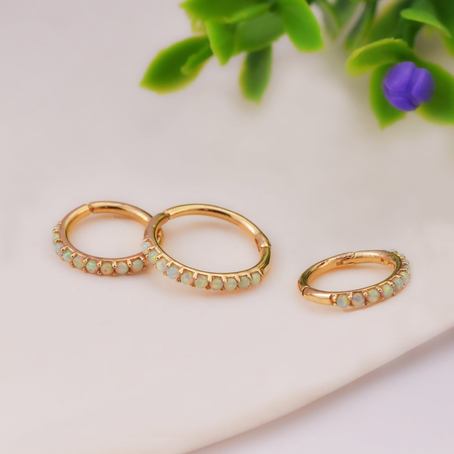 14K Solid Gold Opal Septum Nose Ring 16g