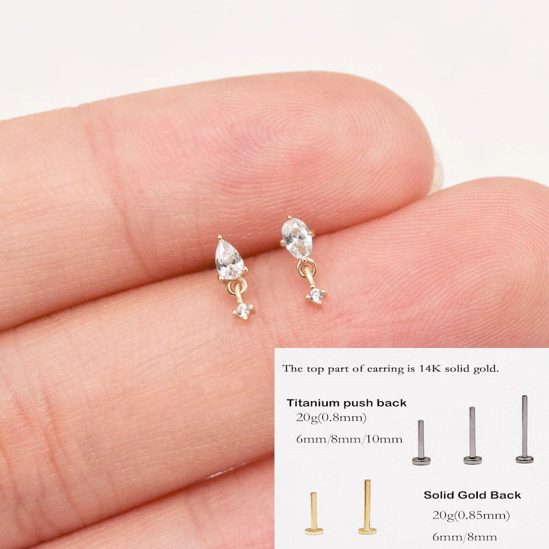 14K Solid Gold Teardrop with Dangling Stone Stud Earring