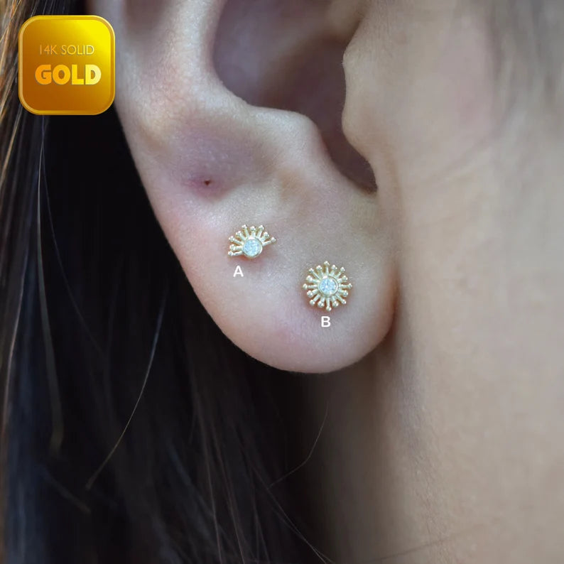 14K Solid Gold Sunburst Stud Earring