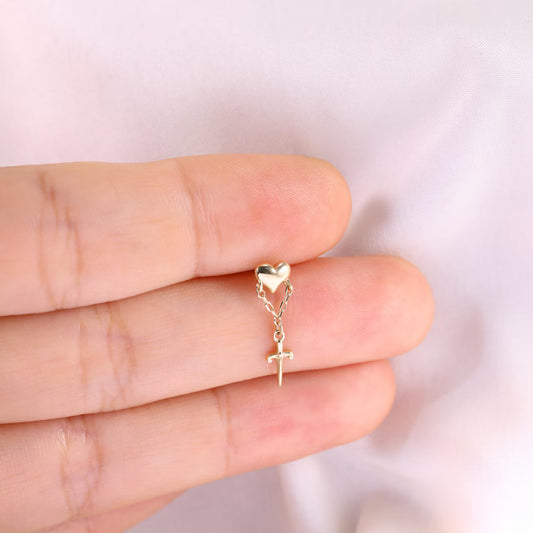 14K Gold Heart Sword Dangle Piercing Studs