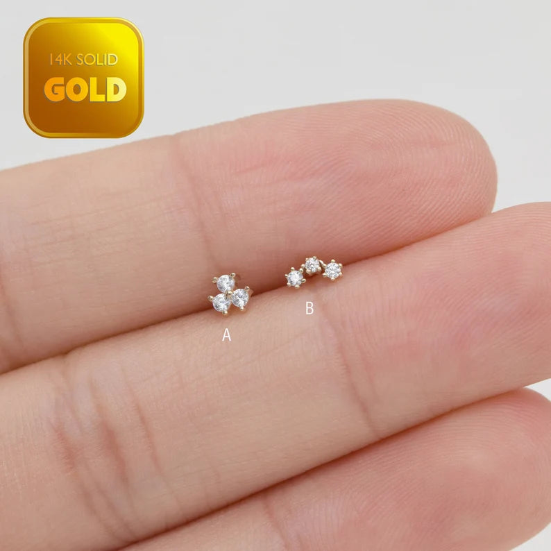 14K Solid Gold Trio Star Stud Earring