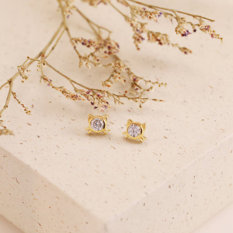 14K Gold Cat Cartilage Kitten Stud Earring