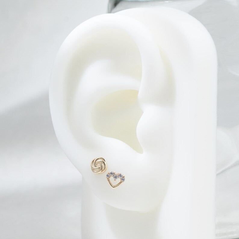 14K Solid Gold Mismatched Studs – Heart & Rose