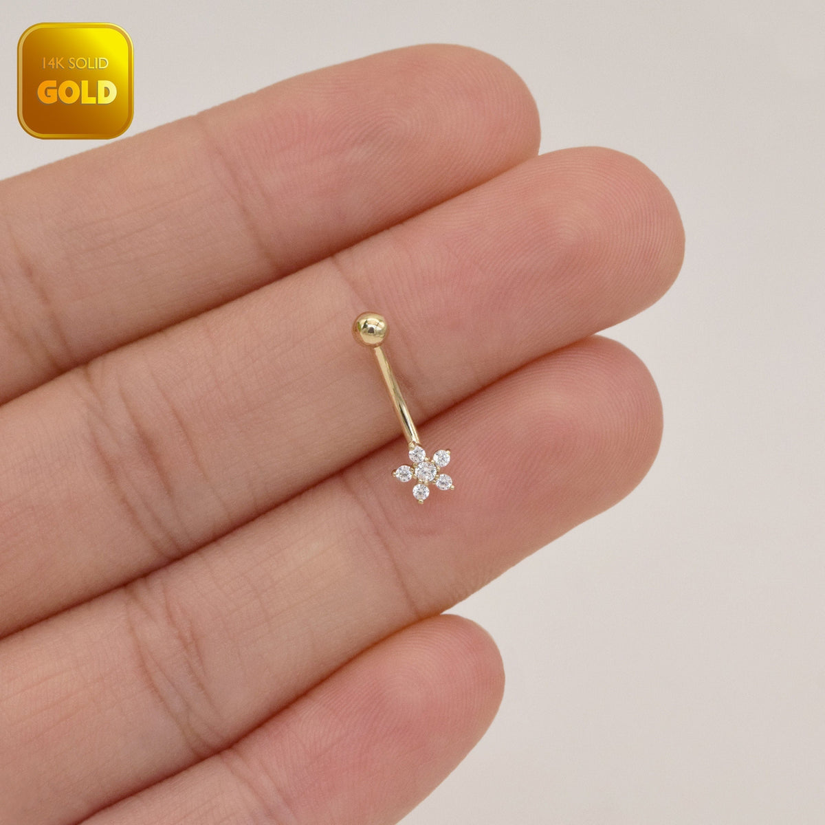 14K Solid Gold Flower Sparkle Curved Barbell