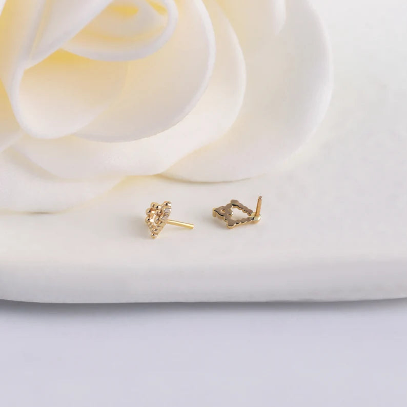 14K Solid Gold Rhombus & Heart Cartilage Studs