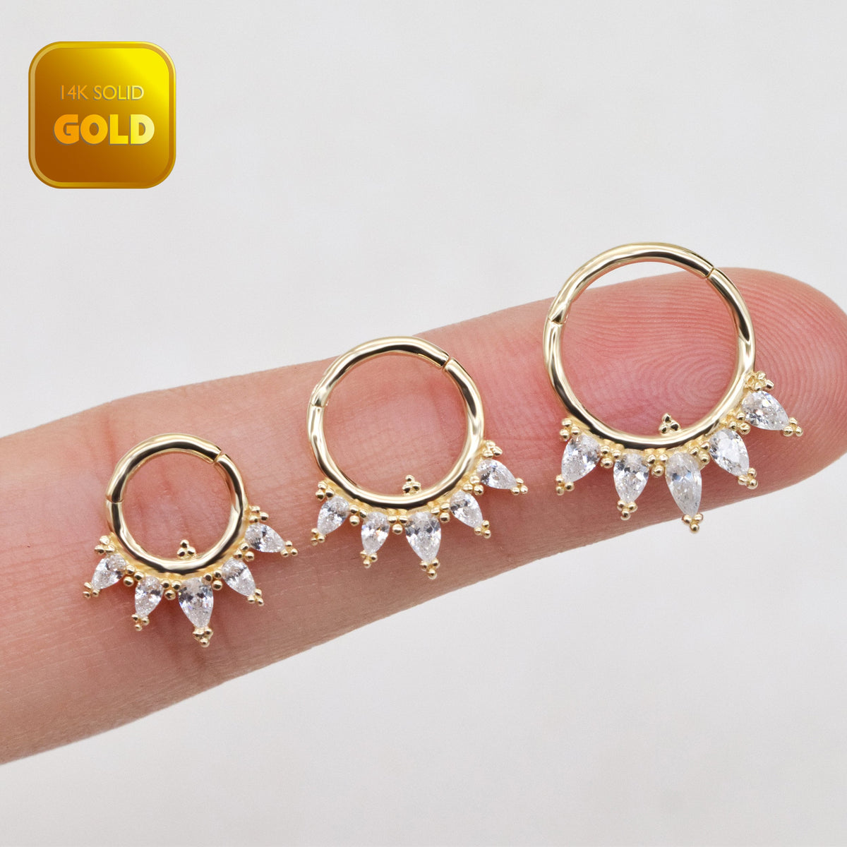 14K Solid Gold Pear-Shaped Stone Clicker Hoop