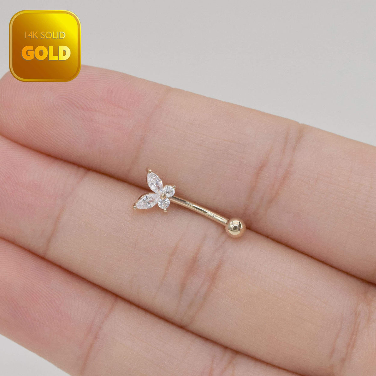 14K Solid Gold Sparkle Butterfly Curved Barbell