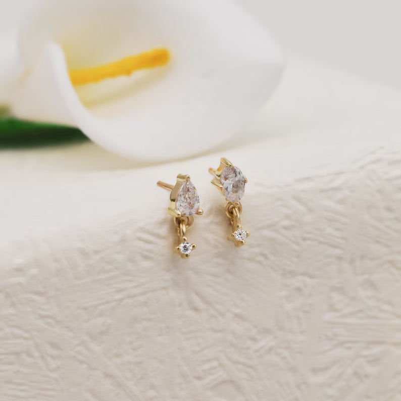 14K Solid Gold Teardrop with Dangling Stone Stud Earring
