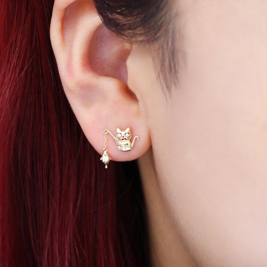 14K Gold Cat Catching Fish Stud
