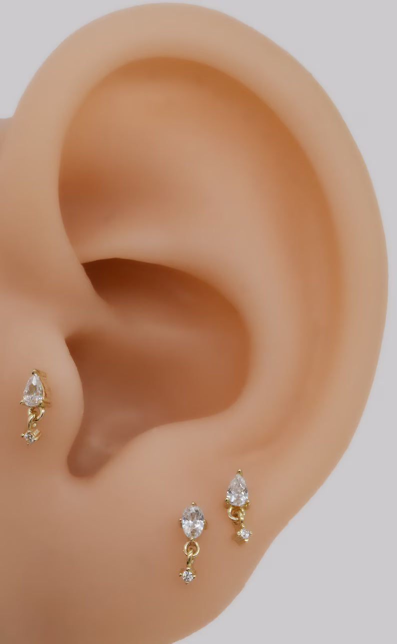 14K Solid Gold Teardrop with Dangling Stone Stud Earring