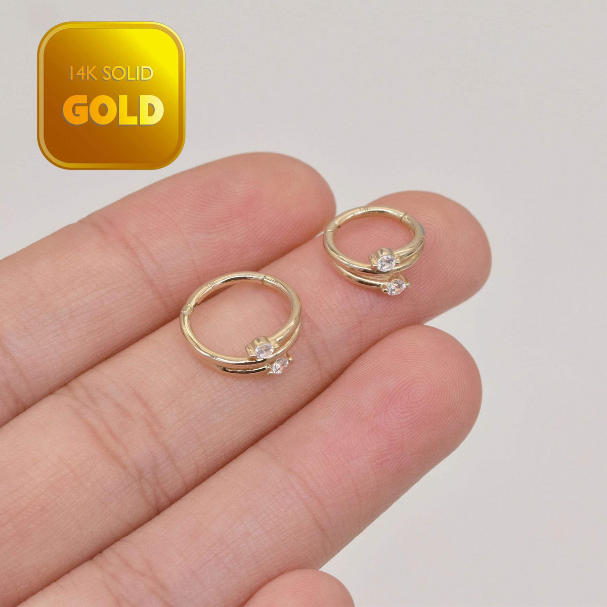 14K Solid Gold Sparkle Triple Row Clicker Hoop