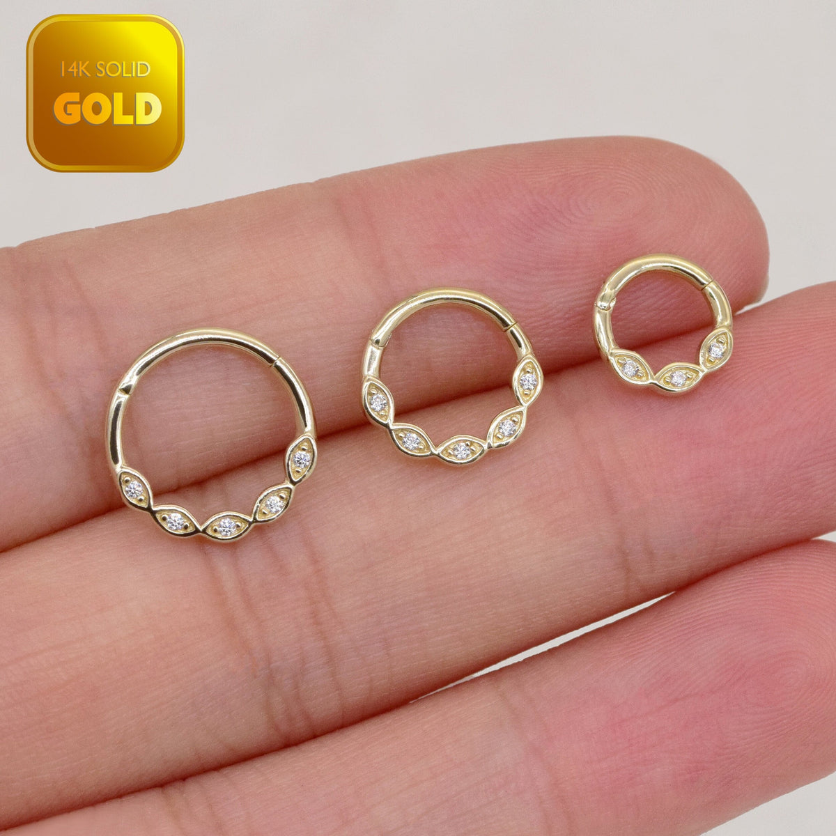 14K Solid Gold Sparkle Evil Eye Clicker Hoop