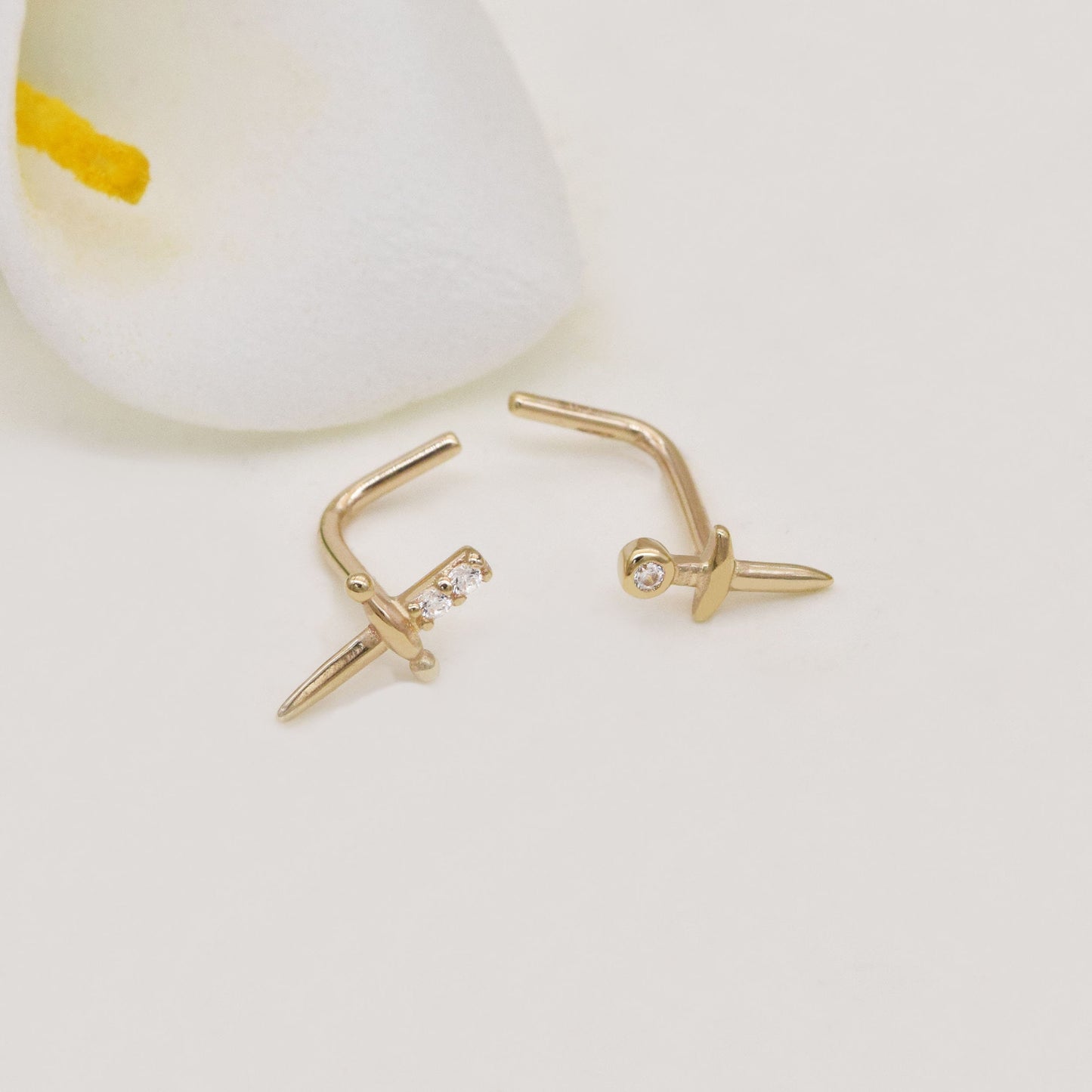 14K Solid Gold Sword Nose Stud Dagger L Shape 20g
