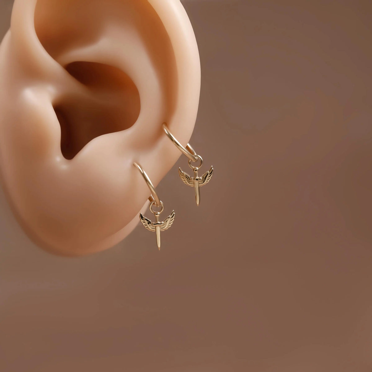 14K Solid Gold Winged Sword Charm