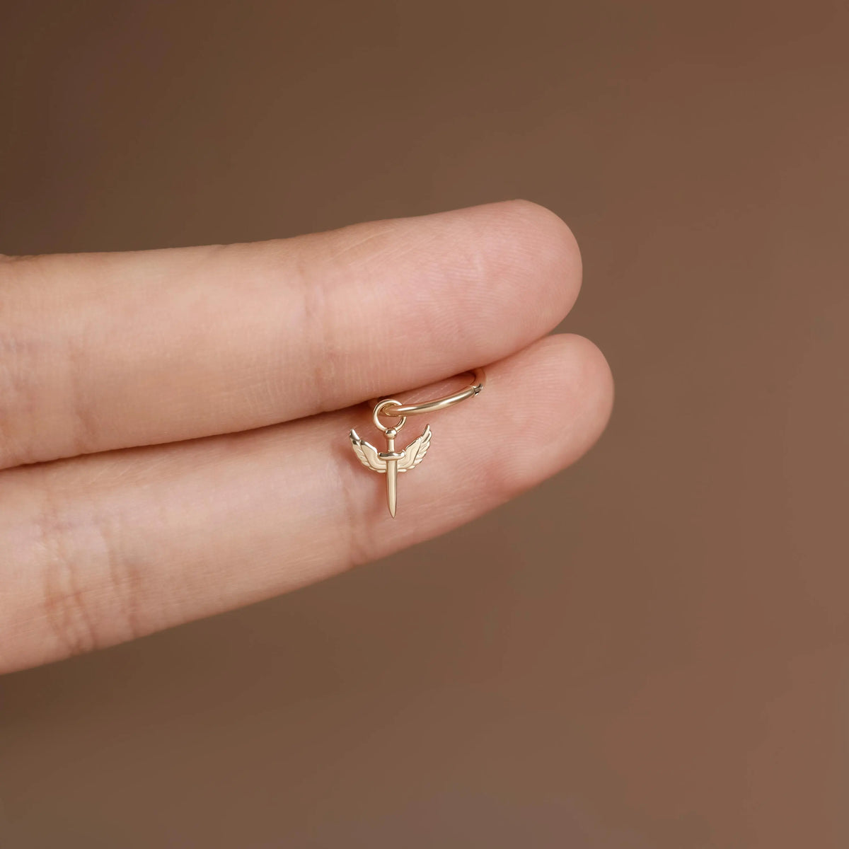 14K Solid Gold Winged Sword Charm
