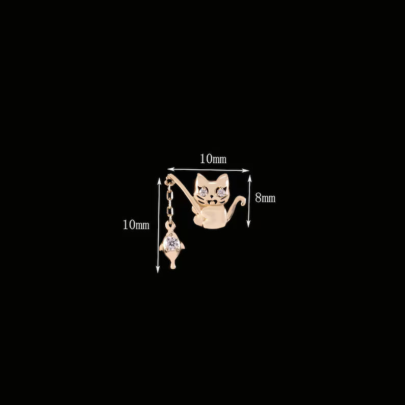 14K Gold Cat Catching Fish Stud