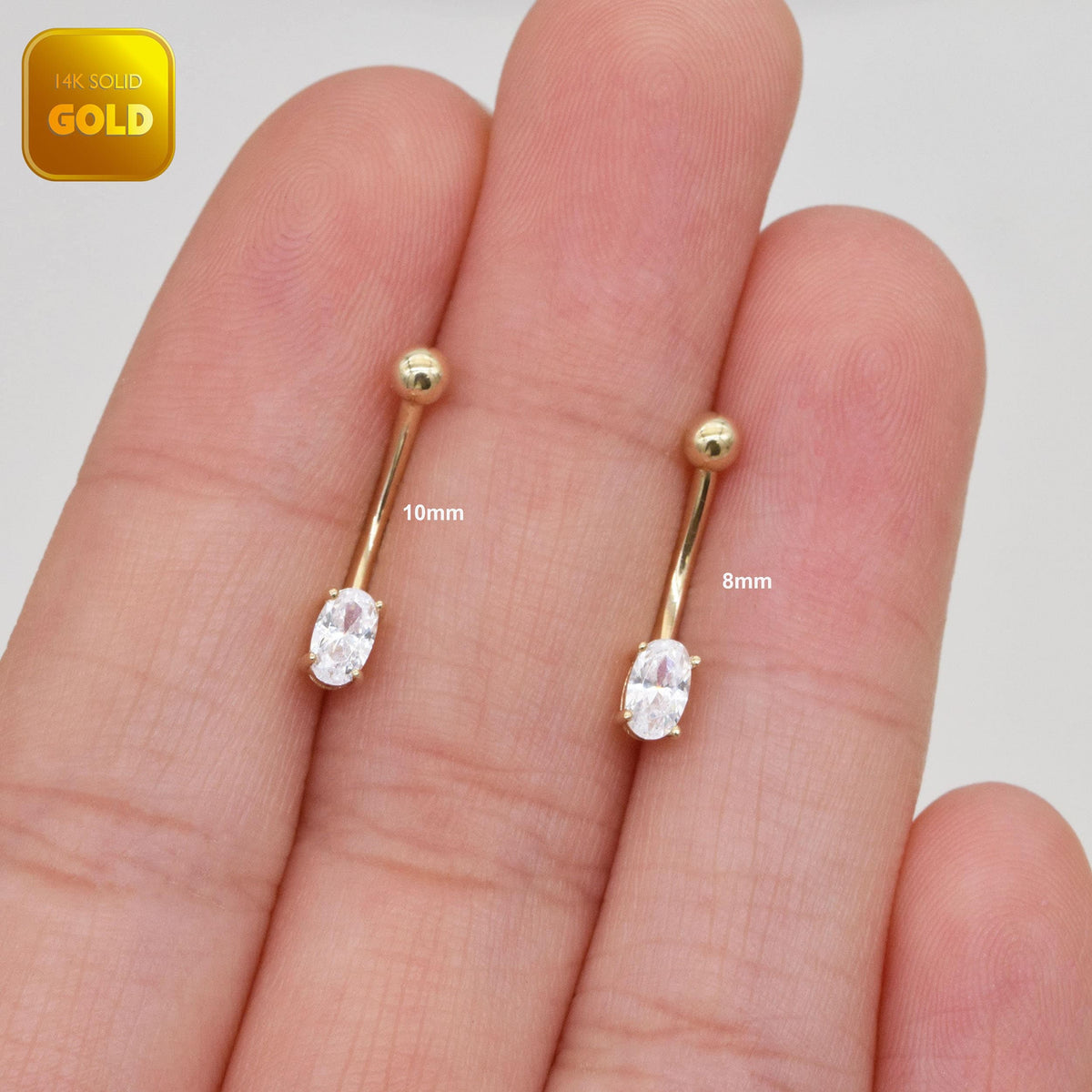 14K Solid Gold Oval Sparkle Curved Barbell
