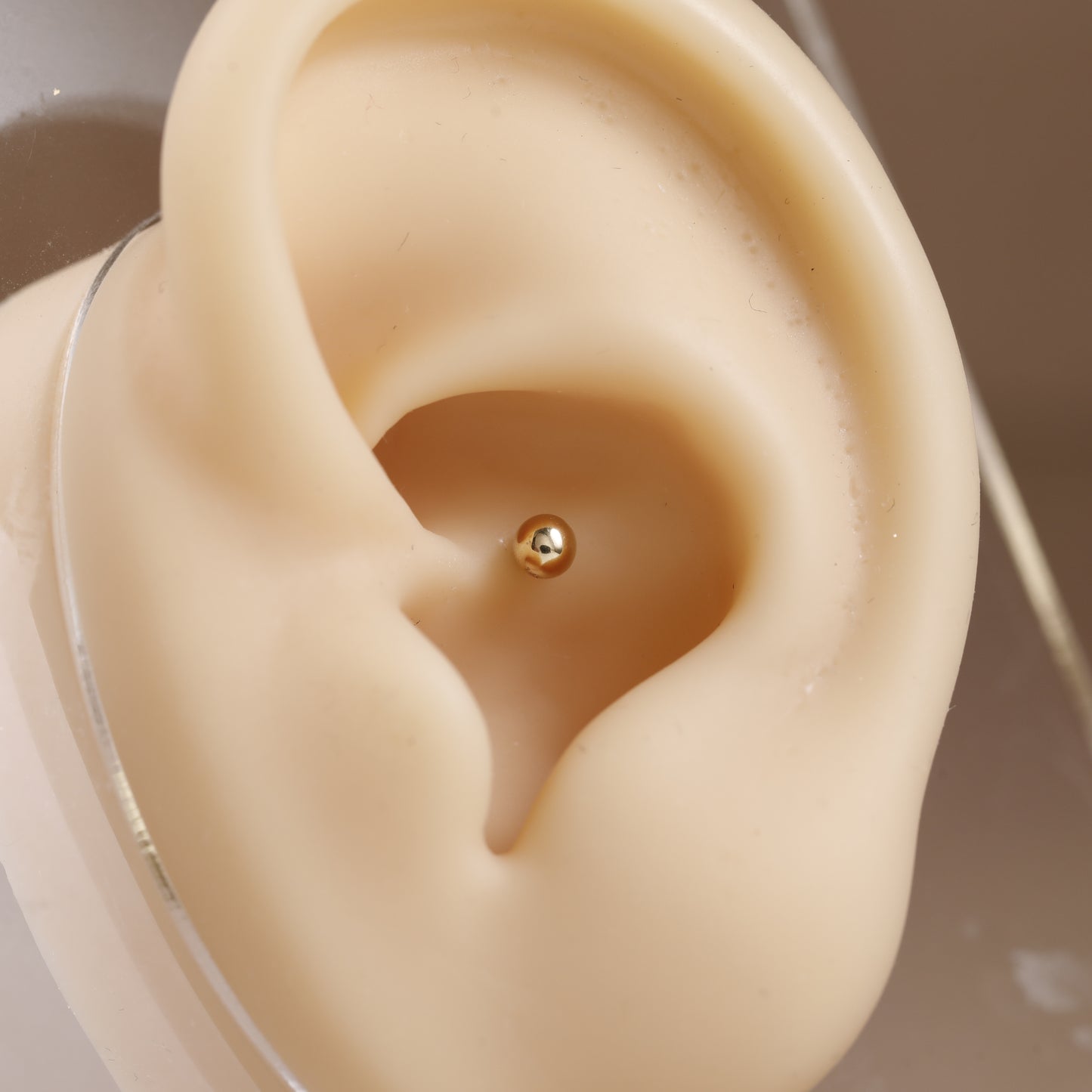 A close-up of a beige silicone ear model with a small gold stud earring displayed on the earlobe, set against a soft neutral background.