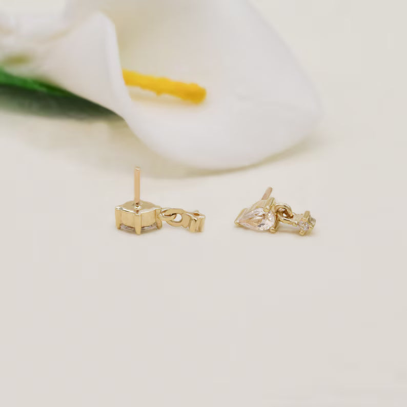 14K Solid Gold Teardrop with Dangling Stone Stud Earring