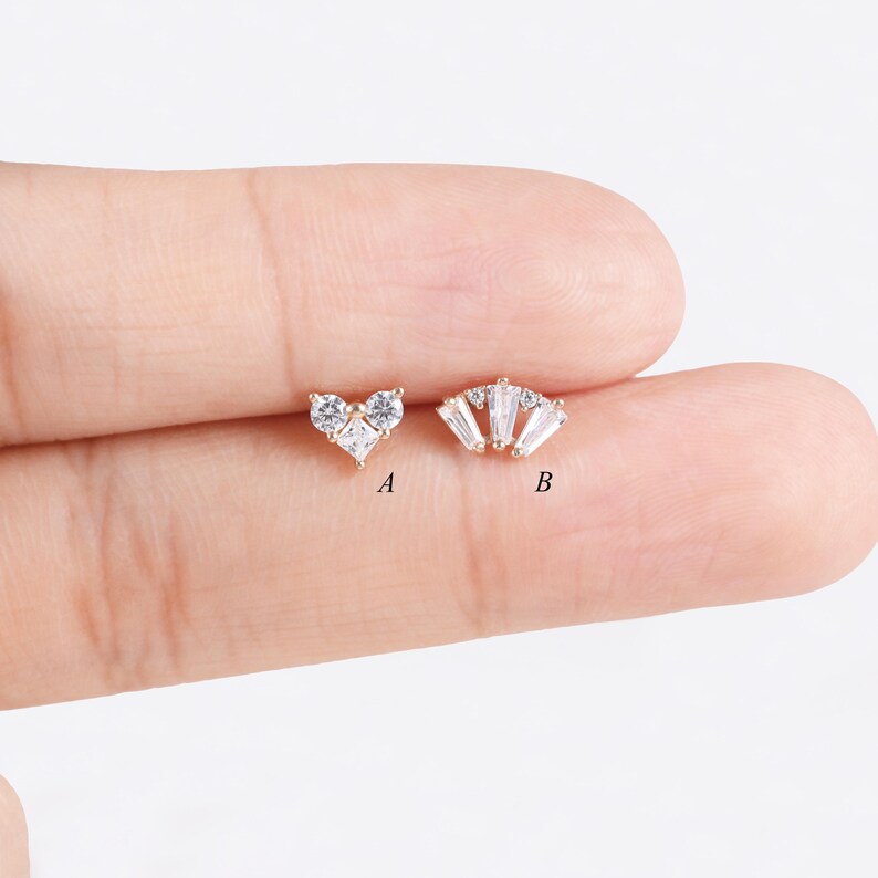 14K Solid Gold Heart & Fan Mismatched Stud Earrings