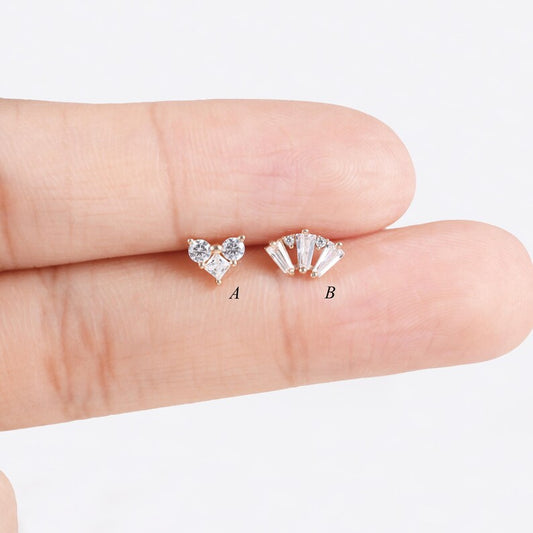 14K Solid Gold Heart & Fan Mismatched Stud Earrings