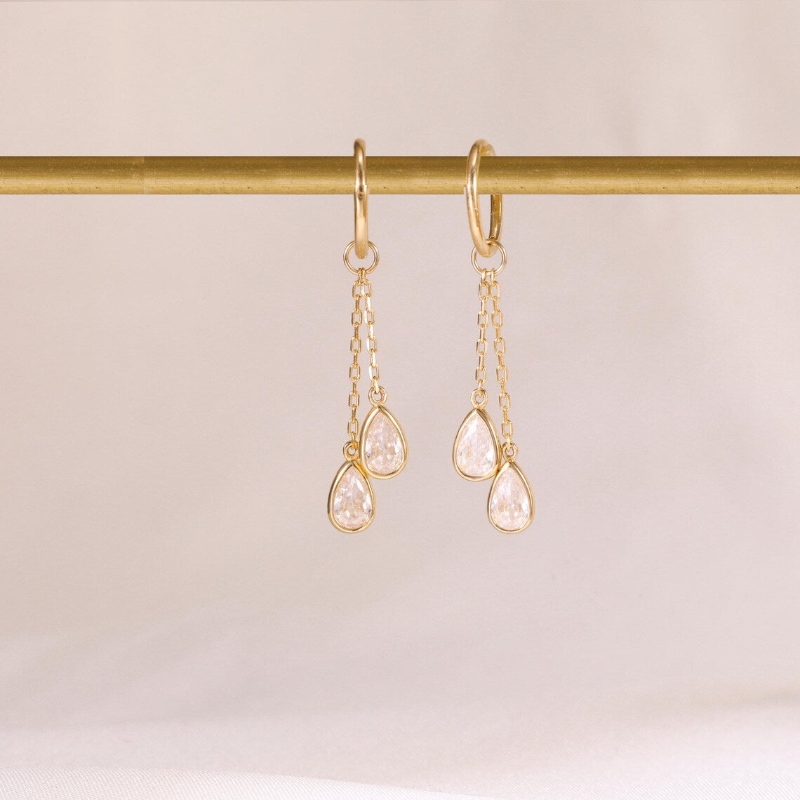 14K Gold Drop Stone Chain Dangle Hoop Charm