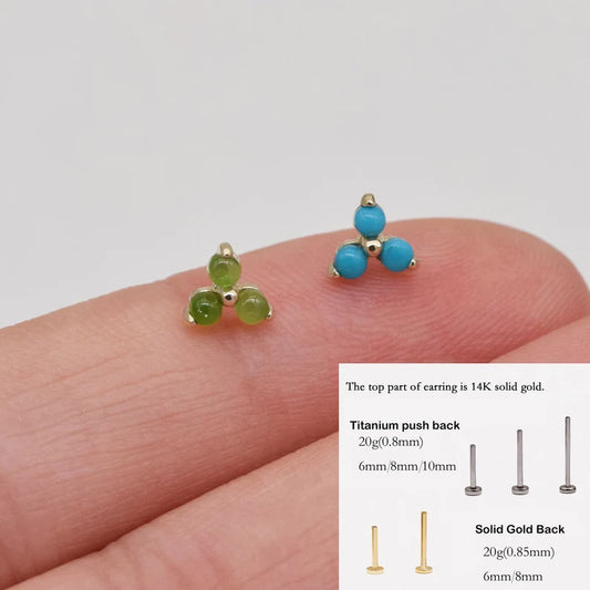 14K Solid Gold Turquoise & Jade Cartilage Stud Earring